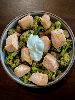 Salmon and Roasted Veggies with Pesto