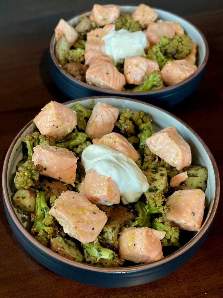 Salmon and Roasted Veggies with Pesto